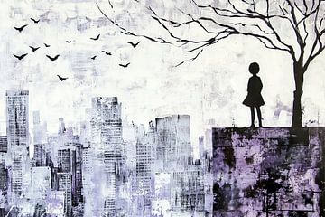 Urban silhouette | Girl On Stage Urban Skyline by Eye catching paintings