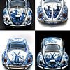 Collage van vier verschillende VW kever auto's met Delfts blauwe body van Margriet Hulsker