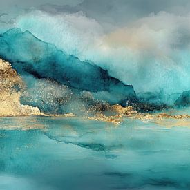 Turquoise abstract landscape with gold accents by Joriali Abstract