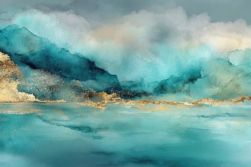 Paysage abstrait turquoise rehaussé de touches dorées sur Joriali Art abstrait