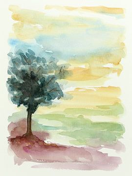 Abstract schilderij boom heide (vrolijk aquarel natuur heuvels zonsopkomst bomen zen mooi landschap) van Natalie Bruns