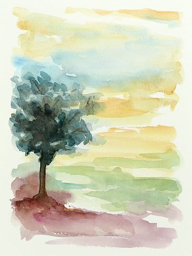 Abstract schilderij boom heide (vrolijk aquarel natuur heuvels zonsopkomst bomen zen mooi landschap)