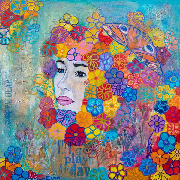 Flower-Power-Frau von Schilderij van Mirjam