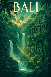 Bali Art Deco Poster - Heilige Dschungel-Wasserfälle und versteckte Heiligtümer