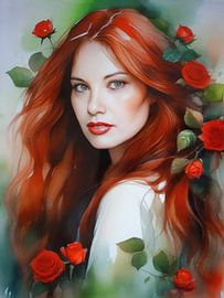 Rote Schönheit mit Rosen Portrait von Marita Zacharias