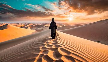 Vrouw in de woestijn met zonsondergang van Mustafa Kurnaz