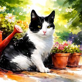 Katze mit Gießkanne von Linda de Klein