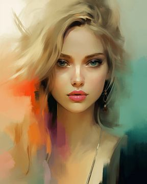 Portret van een jonge blonde vrouw in pastelkleuren van Studio Allee