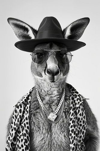 Kangourou stylé en chapeau et lunettes de soleil, portrait en noir et blanc