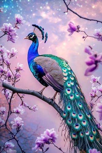 Peacock in blossom splendour on branch by Poster Art Shop