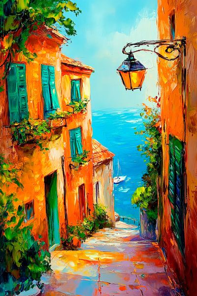 Ruelle ensoleillée avec vue sur la mer par Poster Art Shop