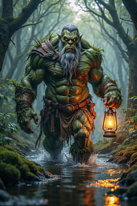 Dark Fantasy Wandbild: KRAGMOR – Der grüne Ork wandert mit seiner Laterne durch den Sumpf