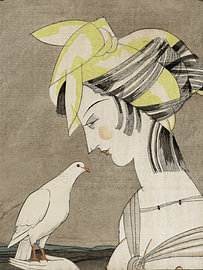 Art Deco illustratie van Vrouw met zijden hoofddoek kijkt naar een duif
