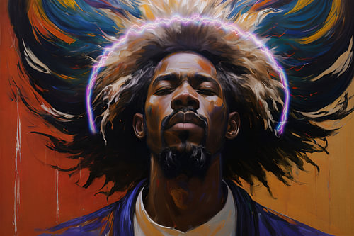 Rasta halo – colourful portrait of a man with dreadlocks and a neon halo