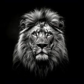 dramatisch zwart witte portret foto weergave van het hoofd van een mannetjes leeuw van Margriet Hulsker