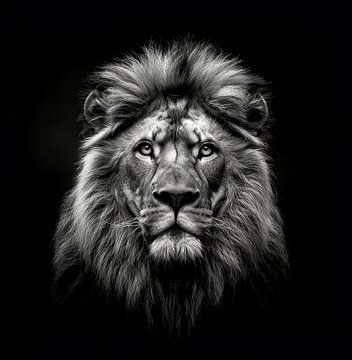 dramatic black and white portrait photo rendering of the head of a male lion