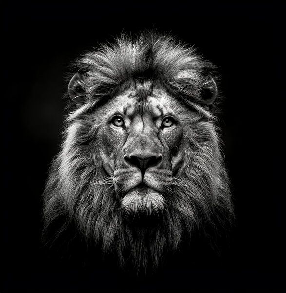 dramatic black and white portrait photo rendering of the head of a male lion by Margriet Hulsker