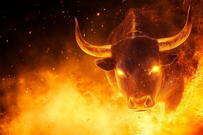 Burning bull in the fire - Dramatic by Poster Art Shop