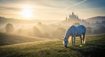 Unicorn Grazing in Meadow with Castle Background at Sunrise by Markus Gann