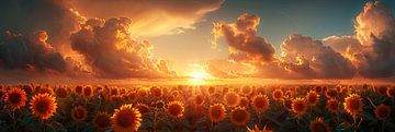 Coucher de soleil à couper le souffle sur l'immense panorama de champs de tournesols sur Felix Brönnimann