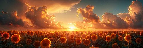 Adembenemende zonsondergang over het enorme zonnebloemveld panorama