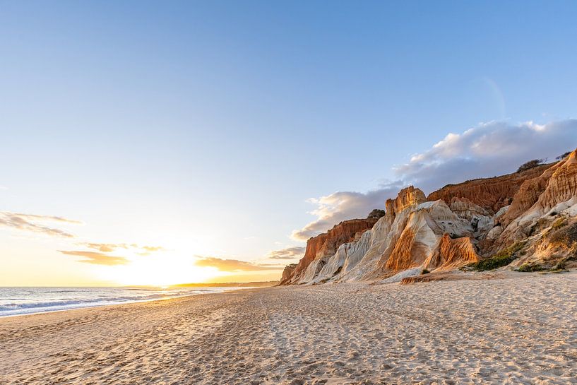 Sunset on the sandy beach Praia da Falésia. Red cliffs and fine sand near Albufeira, Portugal by Fotos by Jan Wehnert