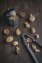 Walnuts lie in a metal tin and on a dark brown tray by Edith Albuschat thumbnail