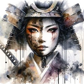 Ink Veil Asian Warrior Woman Portrait by Chromatic Fusion Studio