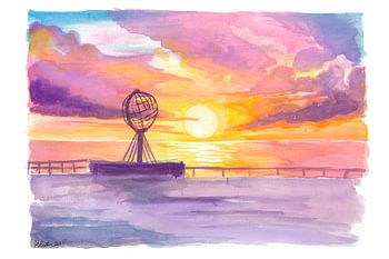 Nordkap und Arktischer Globus Sonnenuntergang Farben des nördlichen Horizonts