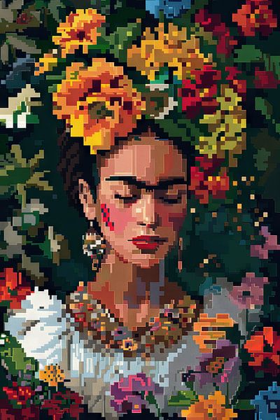 Frida's digital flower crown - pixel art portrait for retro art enthusiasts and collectors by Poster Art Shop