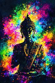 Meditierender Buddha im Neon-Splash-Stil – Abstraktes spirituelles Wandbild voller Farbenergie von ButterflyPix
