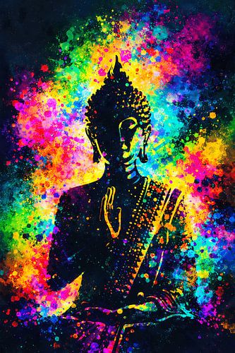 Mediterende Boeddha in neon-splash-stijl – Abstracte spirituele wanddecoratie vol kleurrijke energie