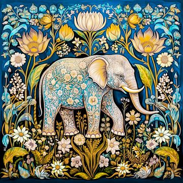 Colourful elephant in floral jungle by Vlindertuin Art