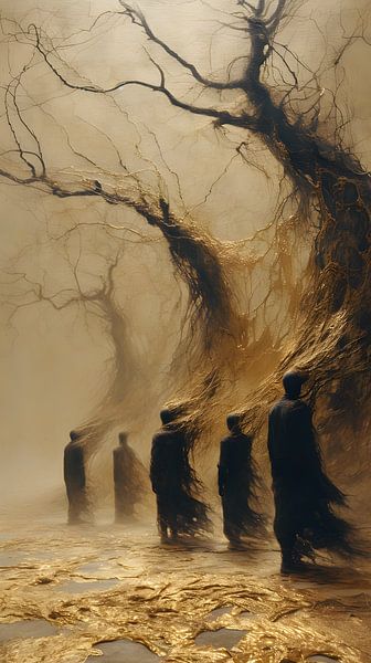 Moderne kunst Surrealisme Mensen Zwart Beige Goud Soul Robber van Manipulatiemelodie