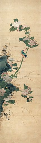 Chen Mei,Pioen en ijsvogel, Chinese vogels en bloemen schilderij