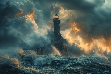 Dramatische vuurtoren midden op een stormachtige zee bij zonsondergang van Poster Art Shop