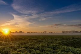 Mistige morgen met de opkomende zon van Lieke van Grinsven van Aarle