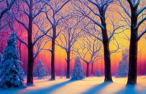 Magische Winterlandschaft mit Bäumen und Schnee Illustration 01