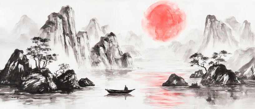 Paysage calme avec coucher de soleil rougeâtre par Poster Art Shop