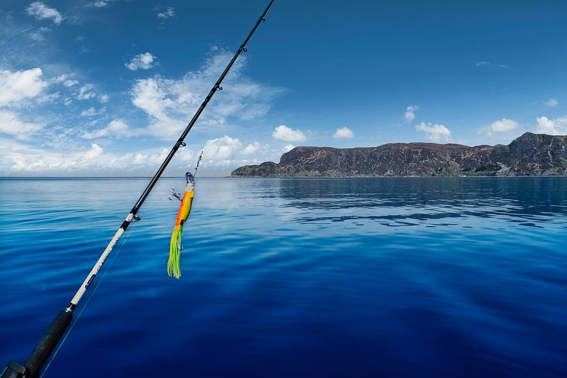 Fishing rod in front of the West Cape in the Norwegian fjord landscape. Scandinavia by Martin Köbsch