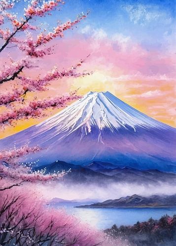 Nevelige zonsopgang van de berg Fuji met kersenbloesem