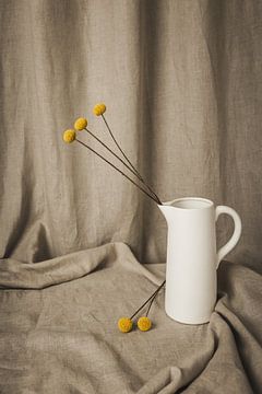 Stilleven met craspedia droogbloemen en linnen doek van Mayra Fotografie