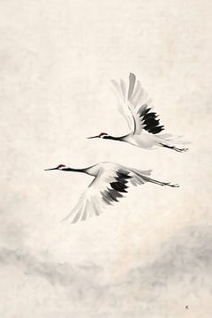 Silent Cranes - Japandi Minimalist Wall Art by RezArt