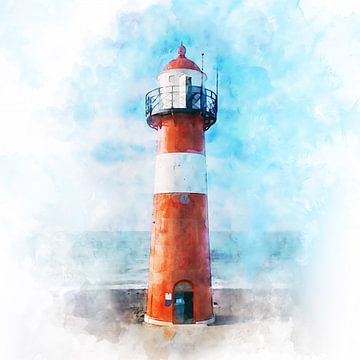 Watercolour painting of lighthouse on dike at Westkapelle, Zeeland by Danny de Klerk