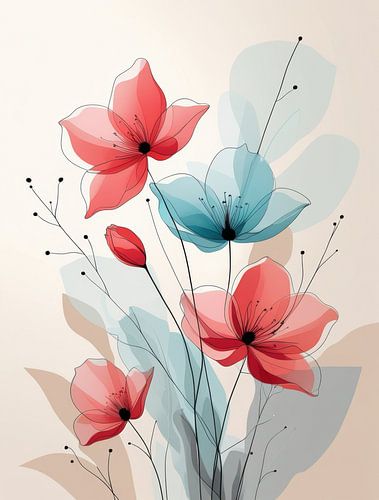 Minimalistische botanische lijntekeningen van bloemen in zachte pasteltinten