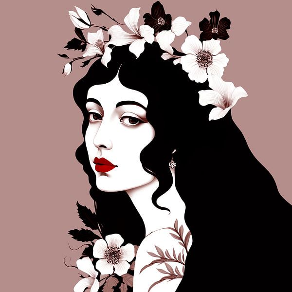 Portrait alt rosa und schwarz-weiß. Digitale Malerei von Mariëlle Knops, Digital Art