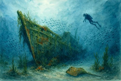 Duiker bij het verlaten scheepswrak (AI) (gezonken wrak, maritiem, onder water, zeebodem, scuba diver, oorlogsschip )