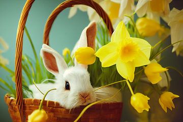 Doux lapin de Pâques dans un panier de jonquilles Illustration sur Animaflora PicsStock