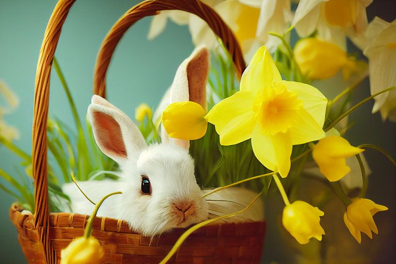 Süßer Osterhase in einem Narzissen Korb Illustration von Animaflora PicsStock