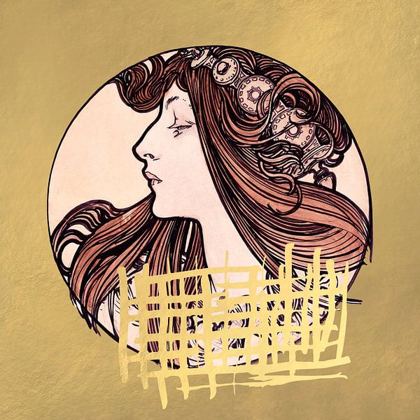 Vintage portret van een jonge vrouw in goud. Art Nouveau stijl van Dina Dankers